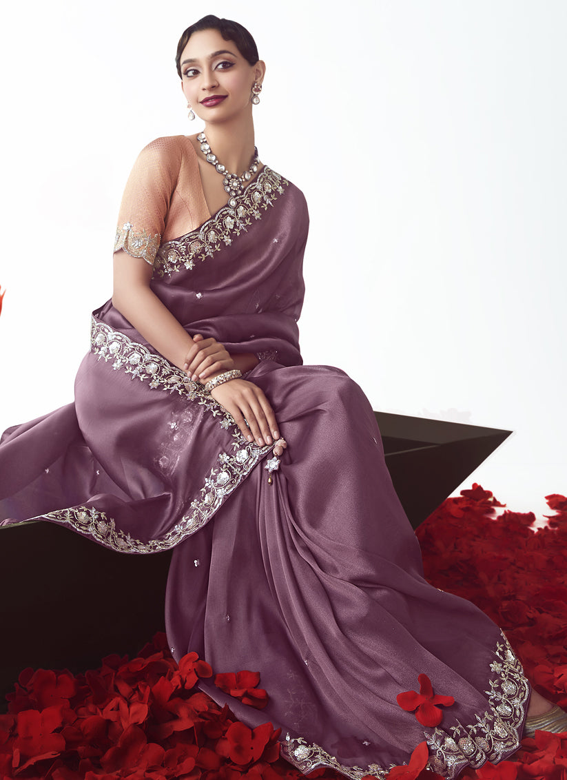 Dusty Wine Tissue Organza Embroidered Wedding Saree