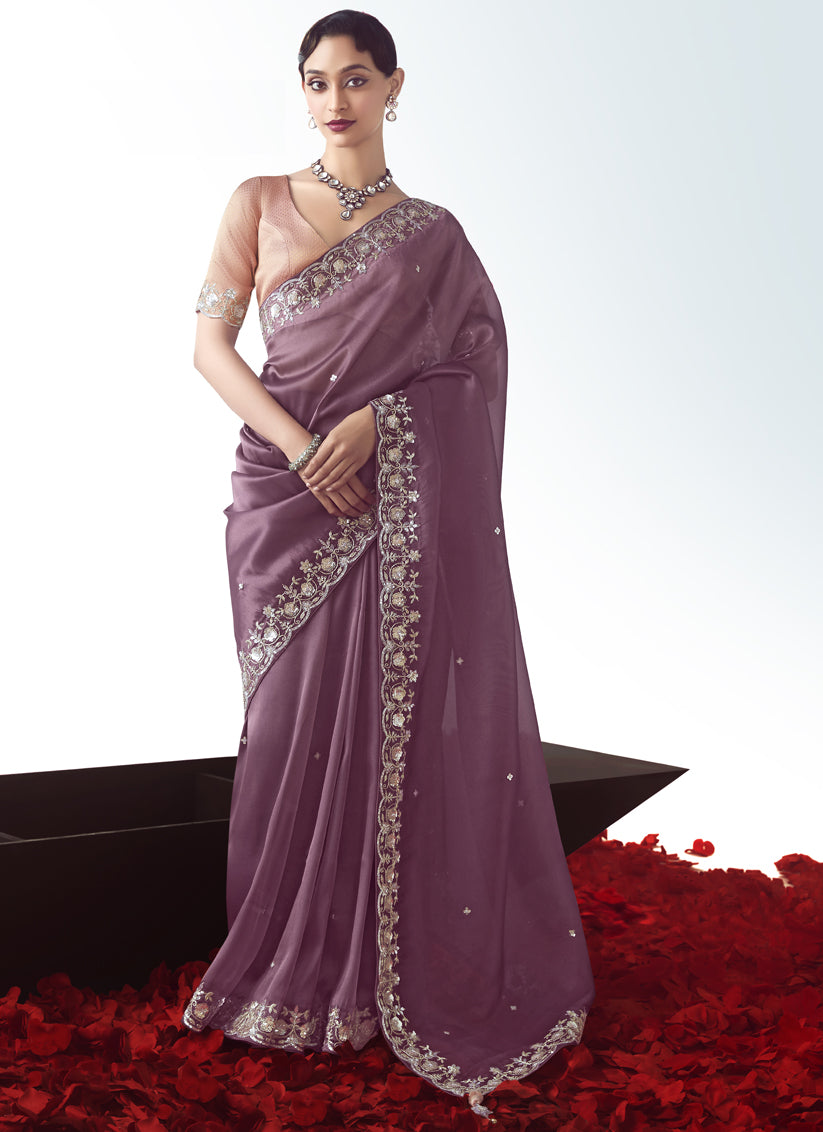 Dusty Wine Tissue Organza Embroidered Wedding Saree