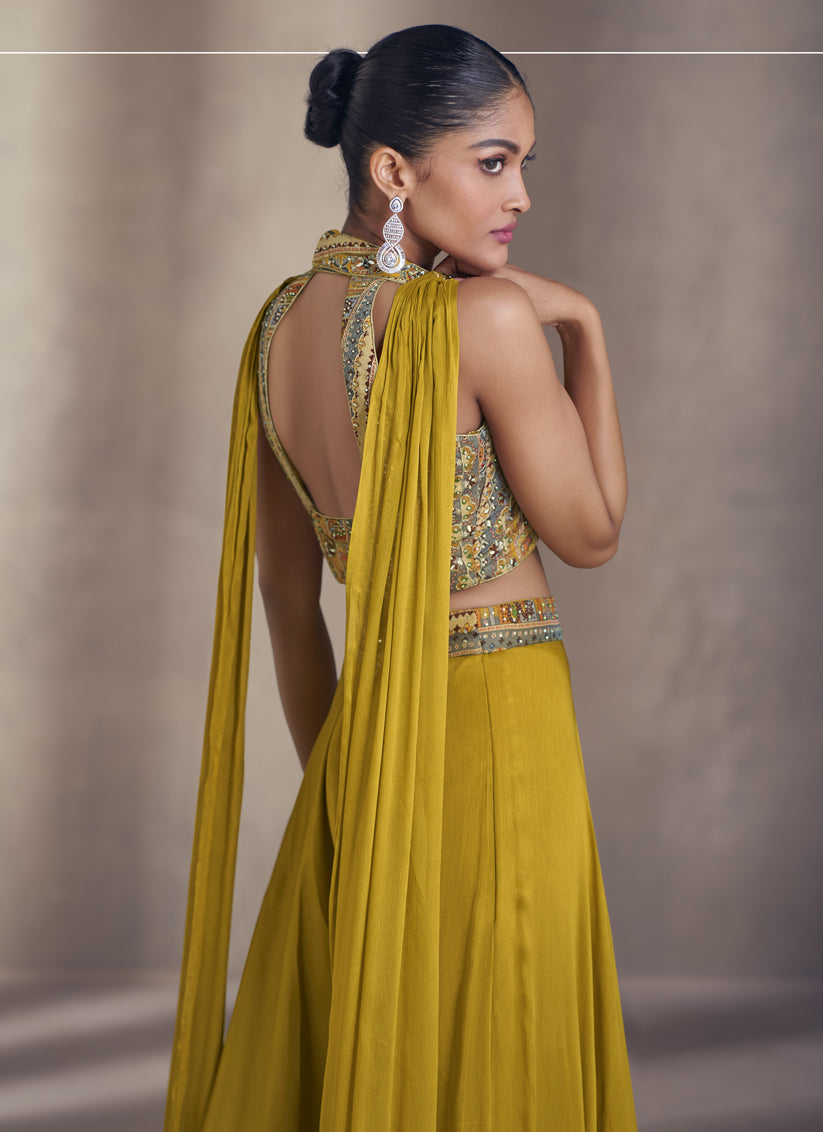 Mustard Yellow Chinnon Silk Embroidered Designer Palazzo Suit