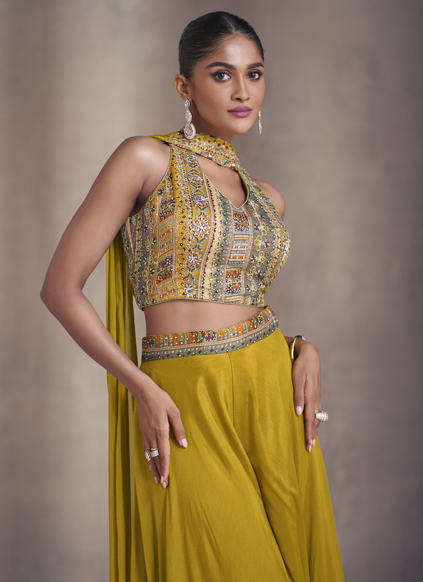 Mustard Yellow Chinnon Silk Embroidered Designer Palazzo Suit