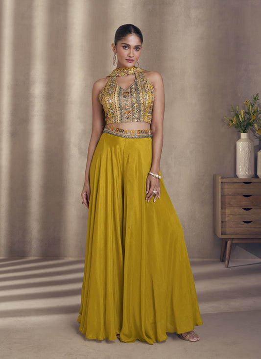 Mustard Yellow Chinnon Silk Embroidered Designer Palazzo Suit