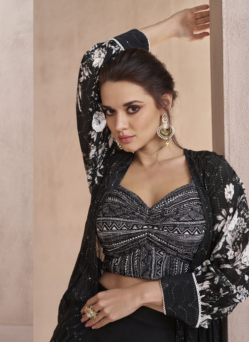 Black Chinnon Silk Palazzo with Choli and Printed Jacket