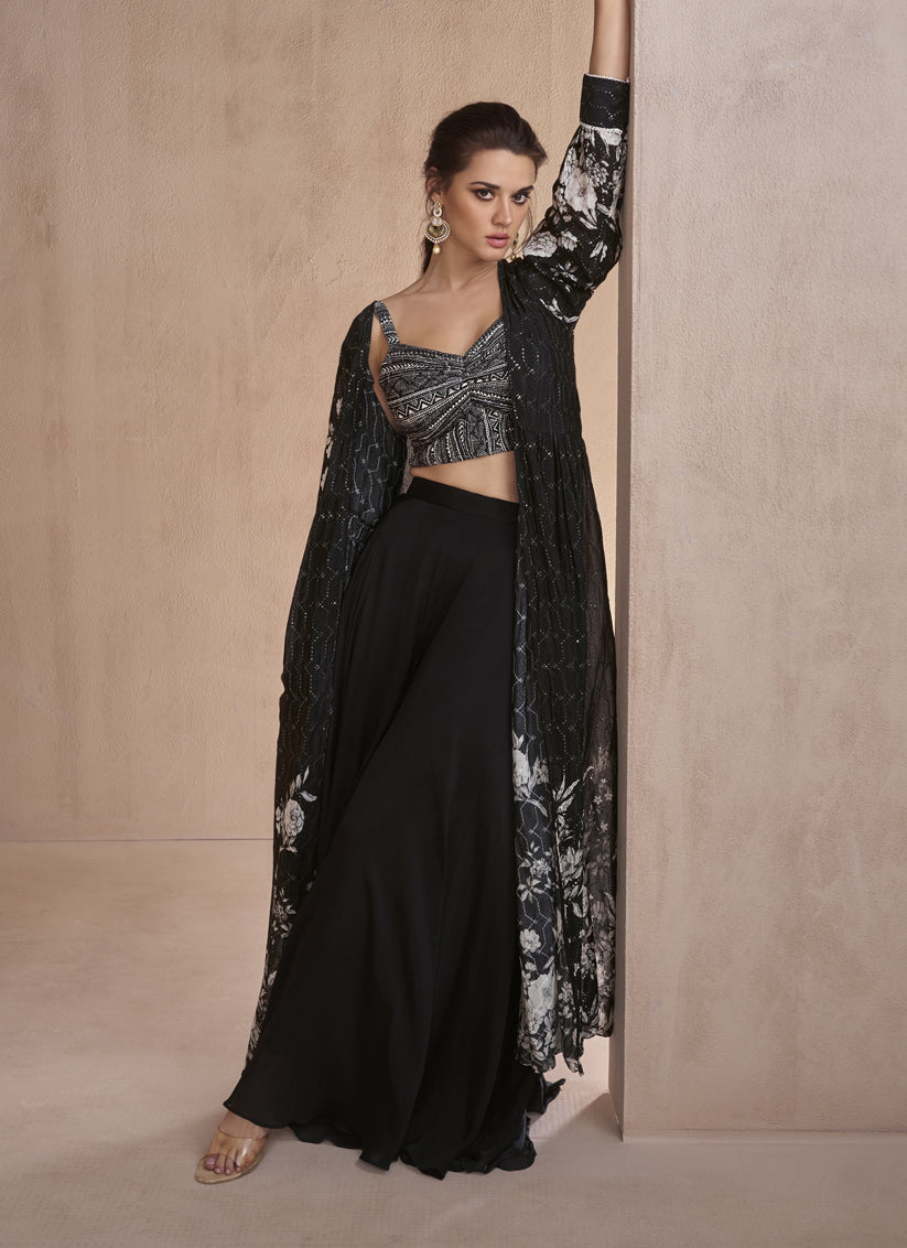 Black Chinnon Silk Palazzo with Choli and Printed Jacket