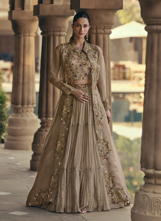 Beige Chinnon Embroidered Designer IndoWestern