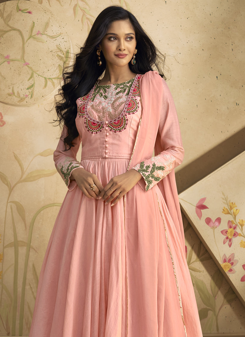 Coral Pink Pure Silk Embroidered Anarkali Suit