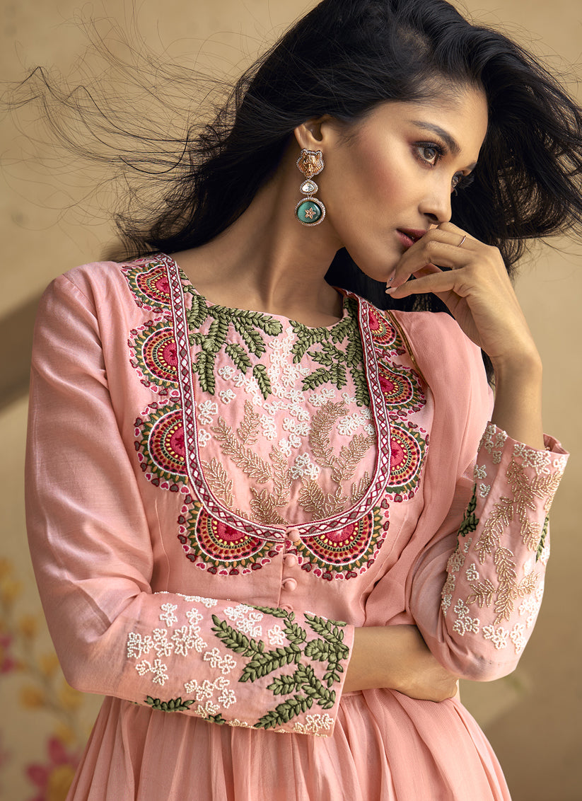 Coral Pink Pure Silk Embroidered Anarkali Suit