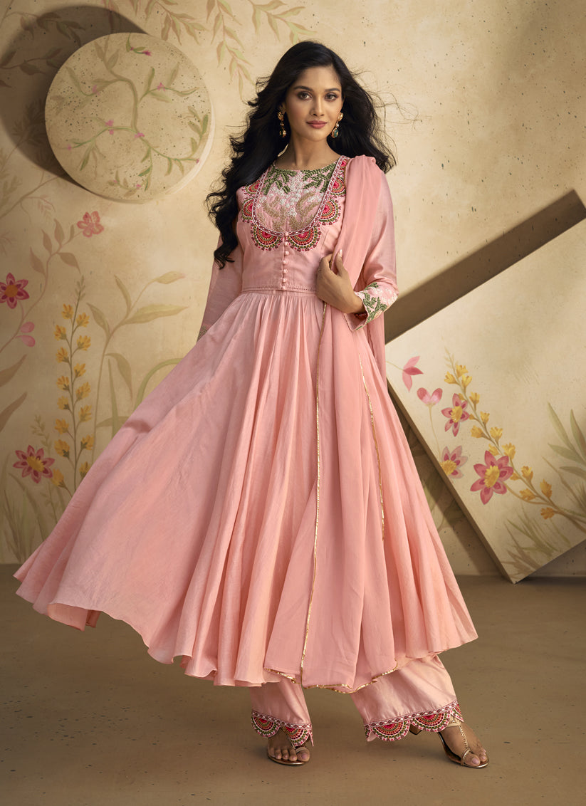 Coral Pink Pure Silk Embroidered Anarkali Suit