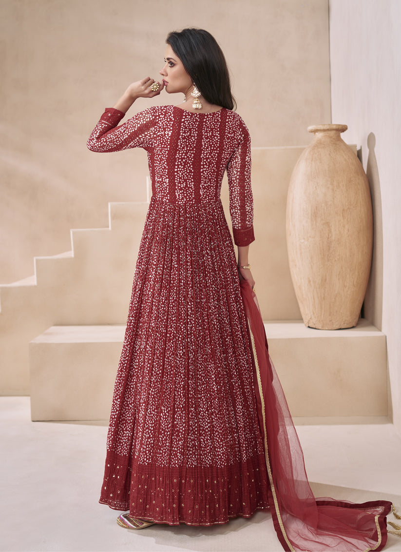 Maroon Georgette Embroidered Anarkali Gown with Dupatta