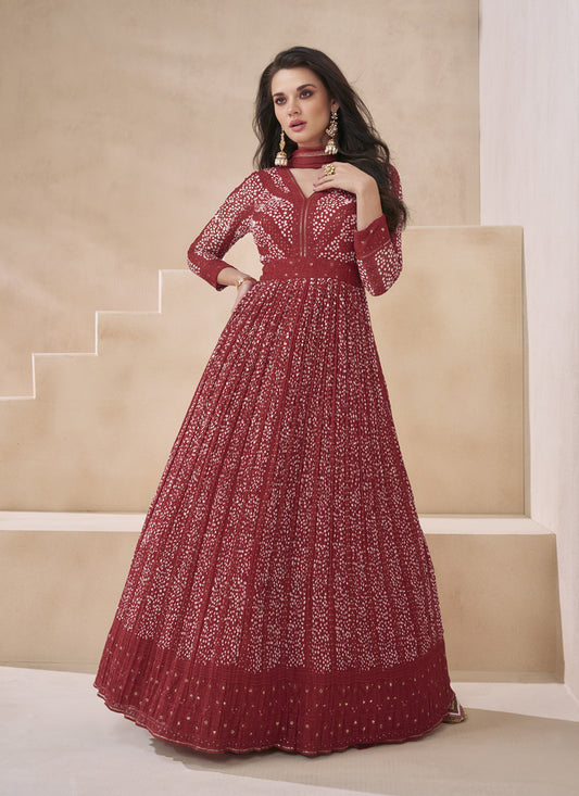 Maroon Georgette Embroidered Anarkali Gown with Dupatta