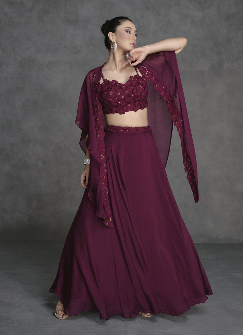 Wine Designer Embroidered IndoWestern Lehenga Set