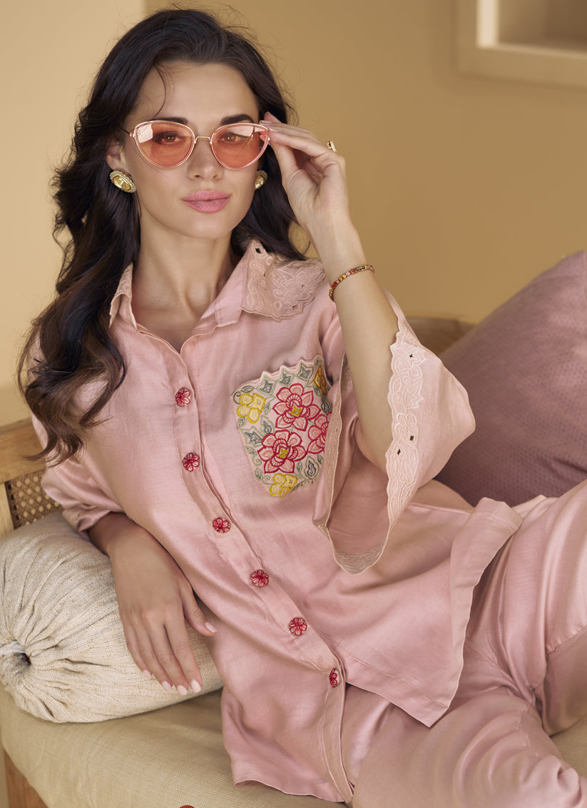 Rose Pink Silk Embroidered Co-Ord Set