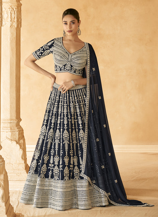 Midnight Blue Georgette Embroidered Designer Lehenga Choli Set