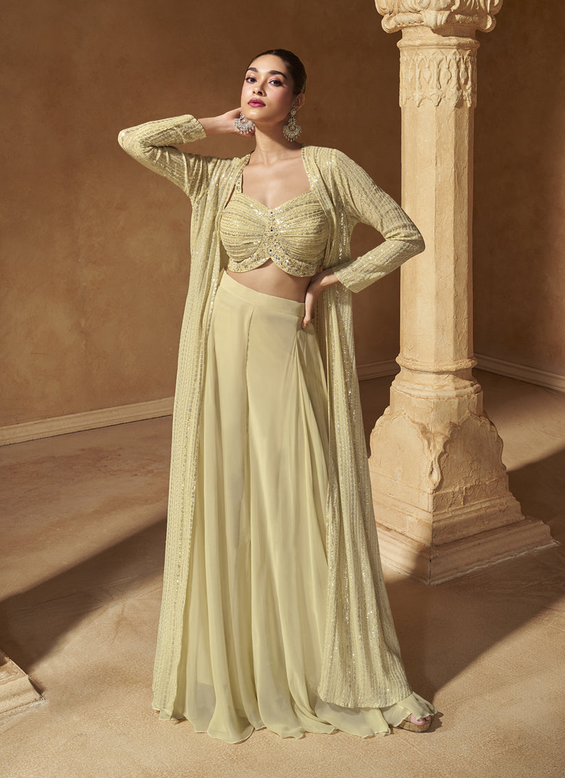 Bisque Cream Georgette Embroidered Designer IndoWestern