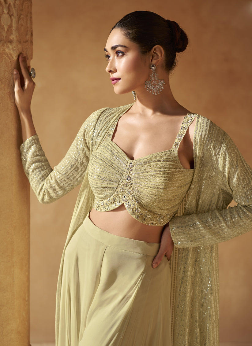 Bisque Cream Georgette Embroidered Designer IndoWestern