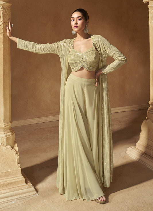 Bisque Cream Georgette Embroidered Designer IndoWestern