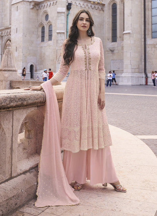 Blush Pink Georgette Lakhnavi Embroidered Palazzo Kameez Suit