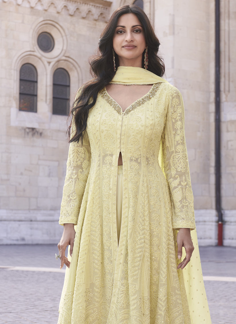 Pastel Yellow Georgette Lakhnavi Embroidered Palazzo Kameez Suit