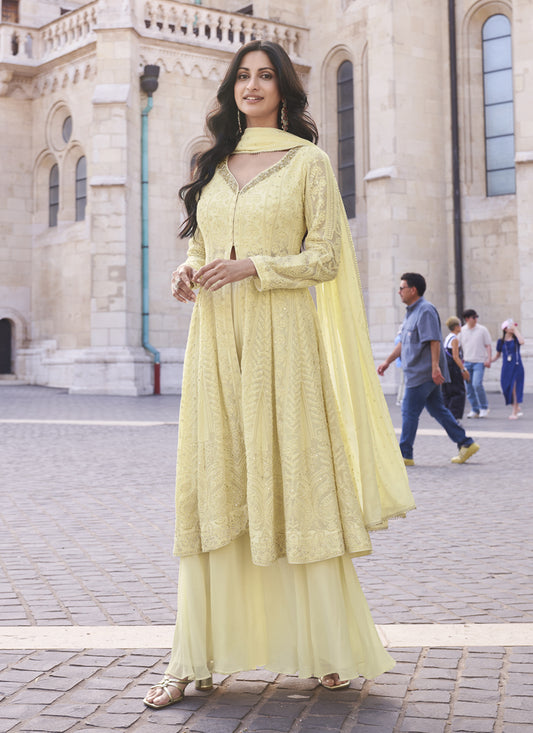 Pastel Yellow Georgette Lakhnavi Embroidered Palazzo Kameez Suit