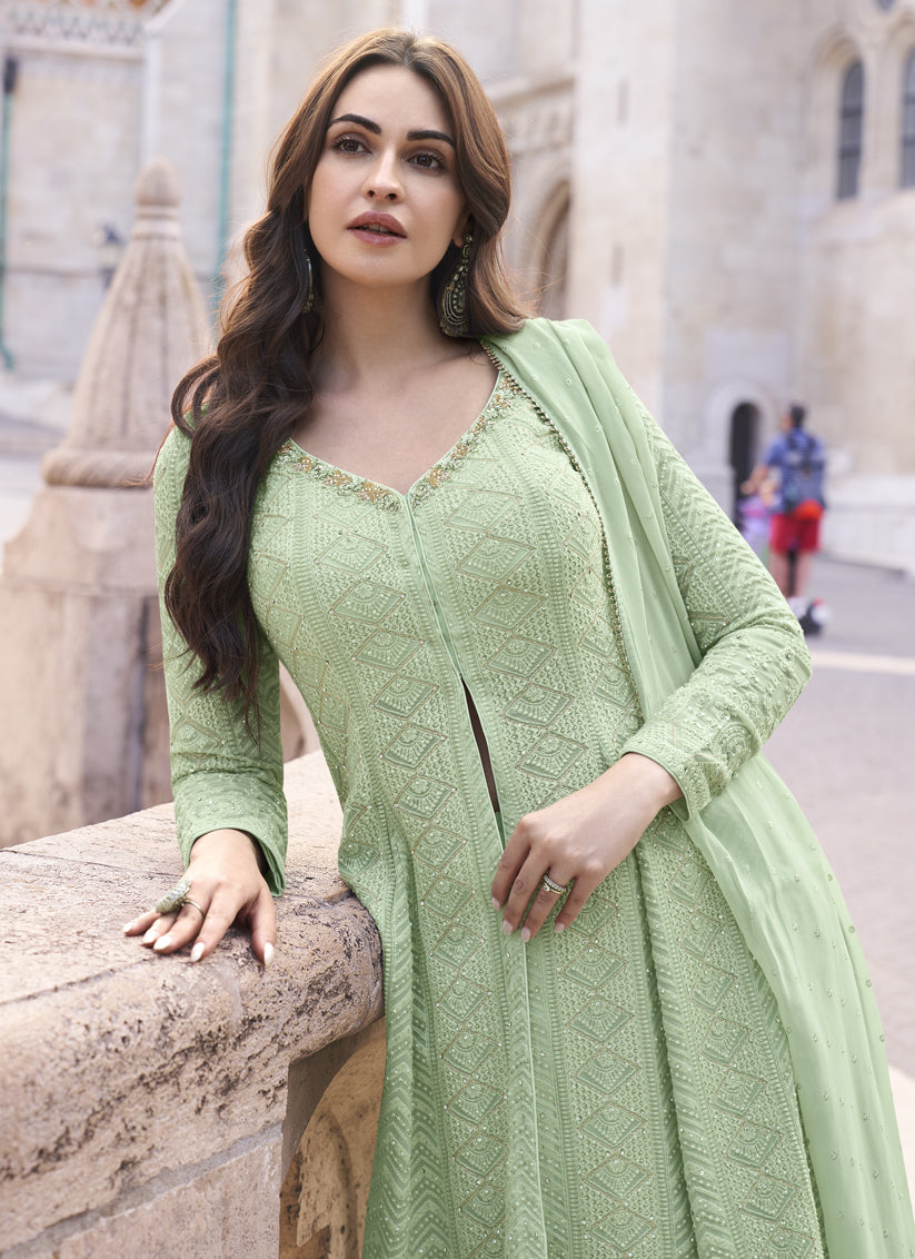 Pastel Green Georgette Lakhnavi Embroidered Palazzo Kameez Suit