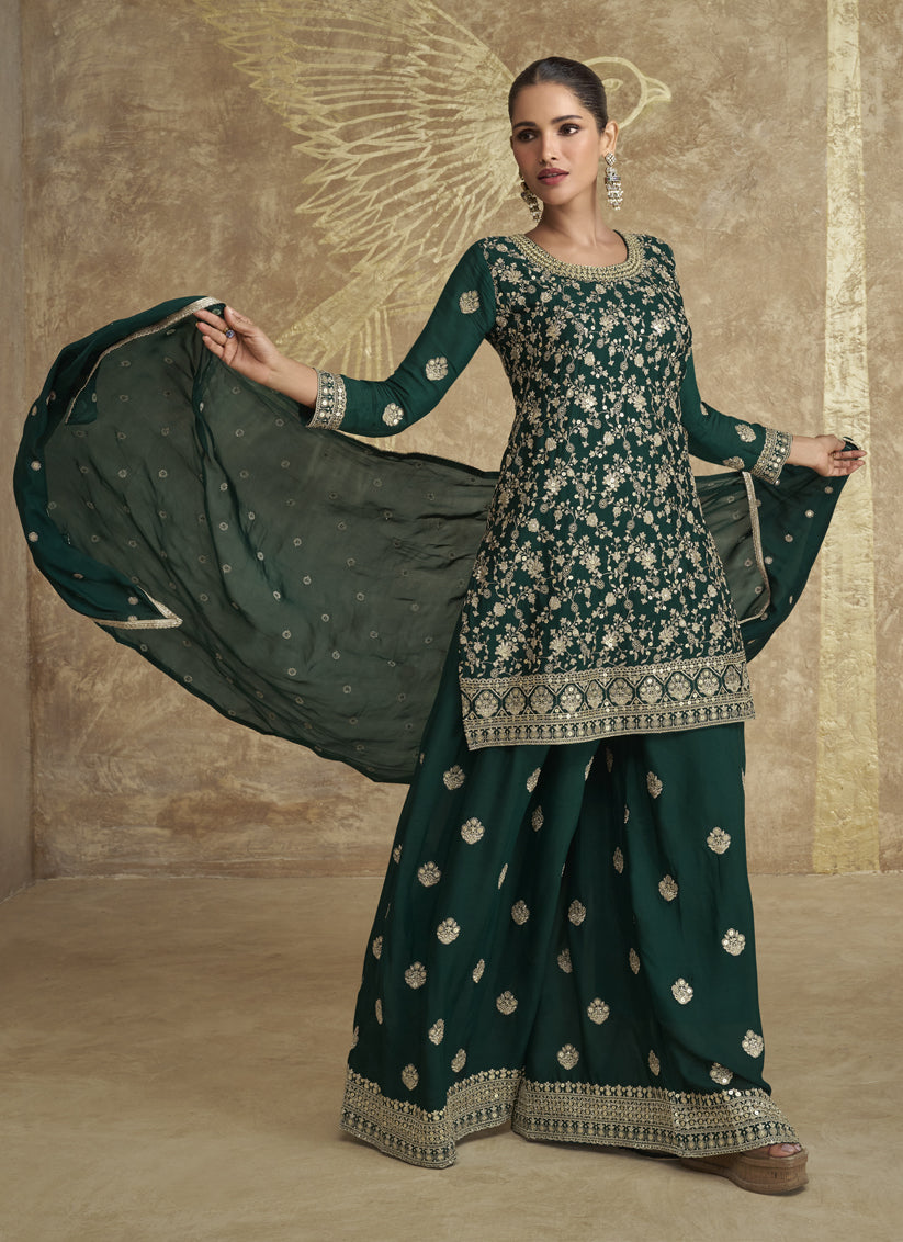 Bottle Green Chinnon Silk Heavy Embroidered Palazzo Kameez Suit