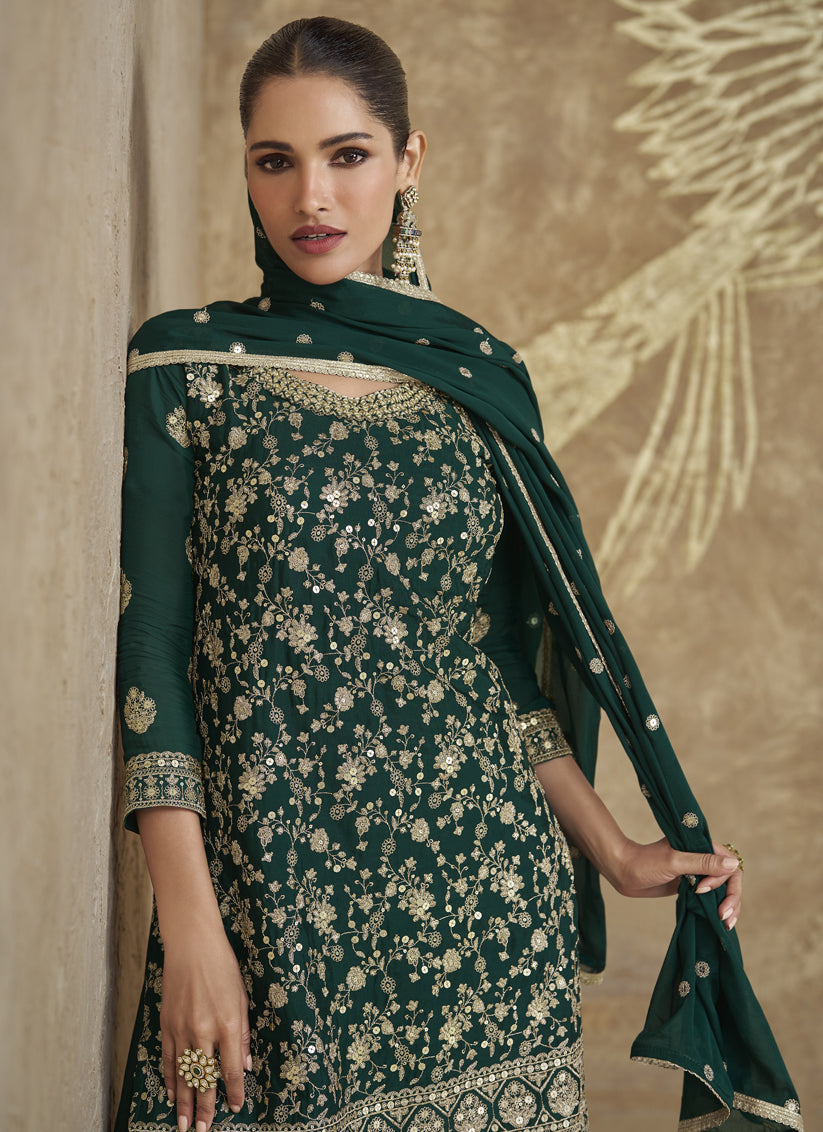 Bottle Green Chinnon Silk Heavy Embroidered Palazzo Kameez Suit