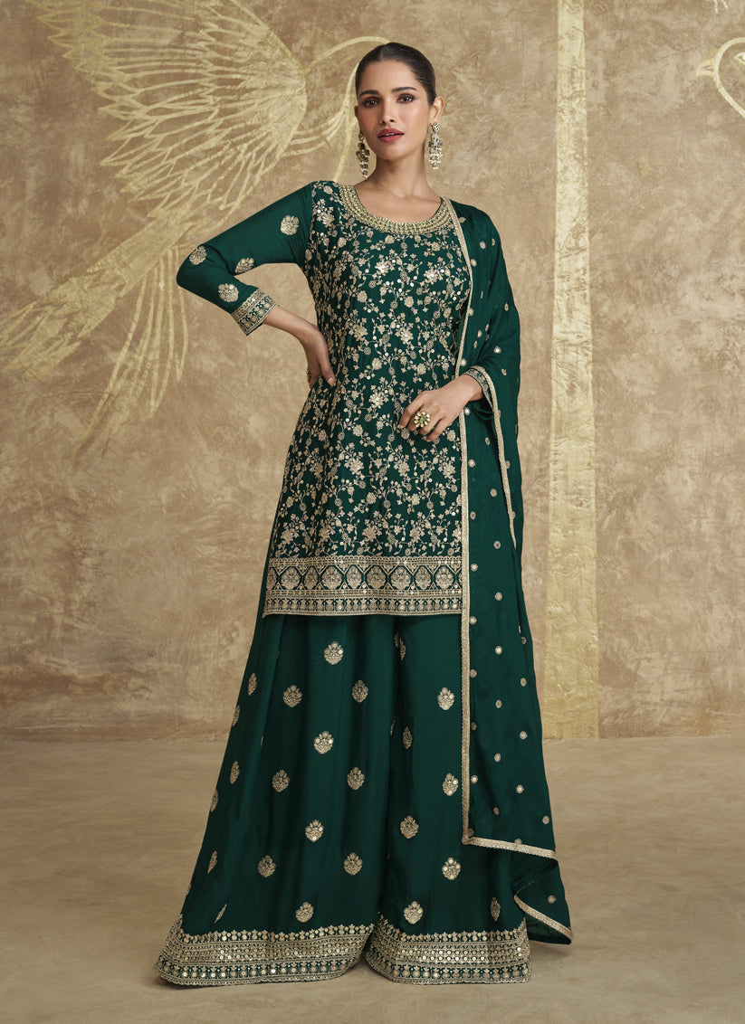 Bottle Green Chinnon Silk Heavy Embroidered Palazzo Kameez Suit