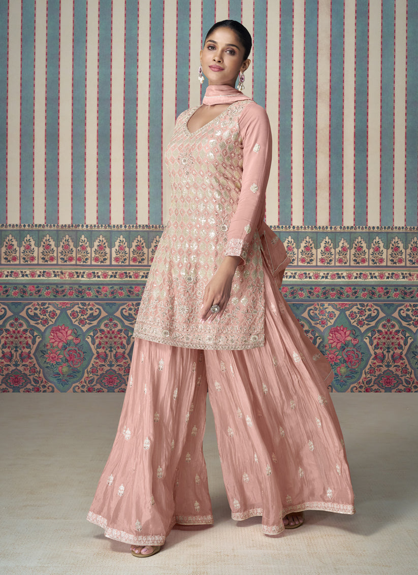 Blush Peach Chinnon Silk Embroidered Palazzo Kameez