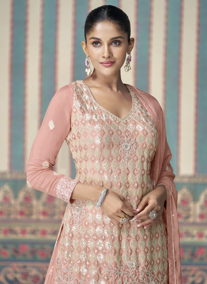 Blush Peach Chinnon Silk Embroidered Palazzo Kameez