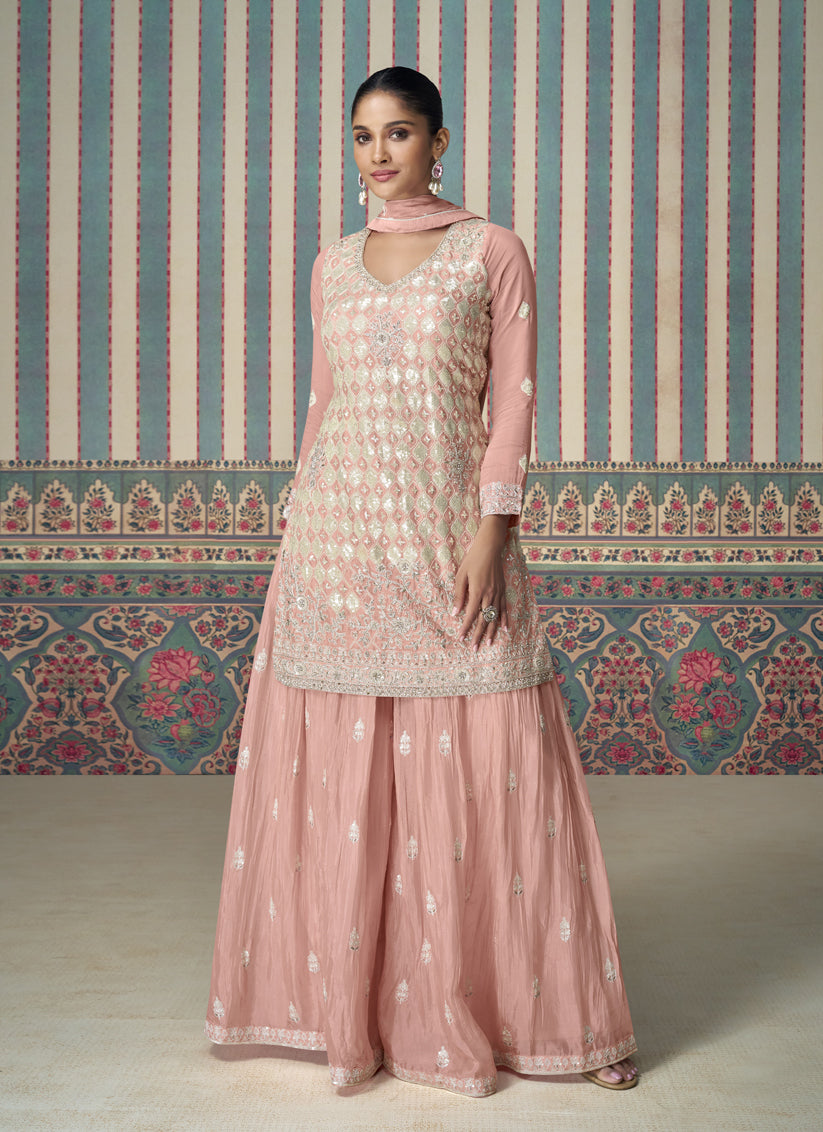 Blush Peach Chinnon Silk Embroidered Palazzo Kameez