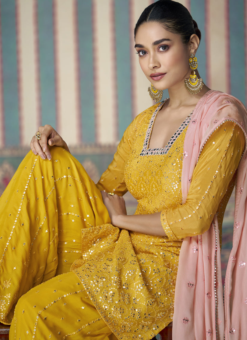 Sunny Yellow Chinnon Silk Embroidered Palazzo Kameez