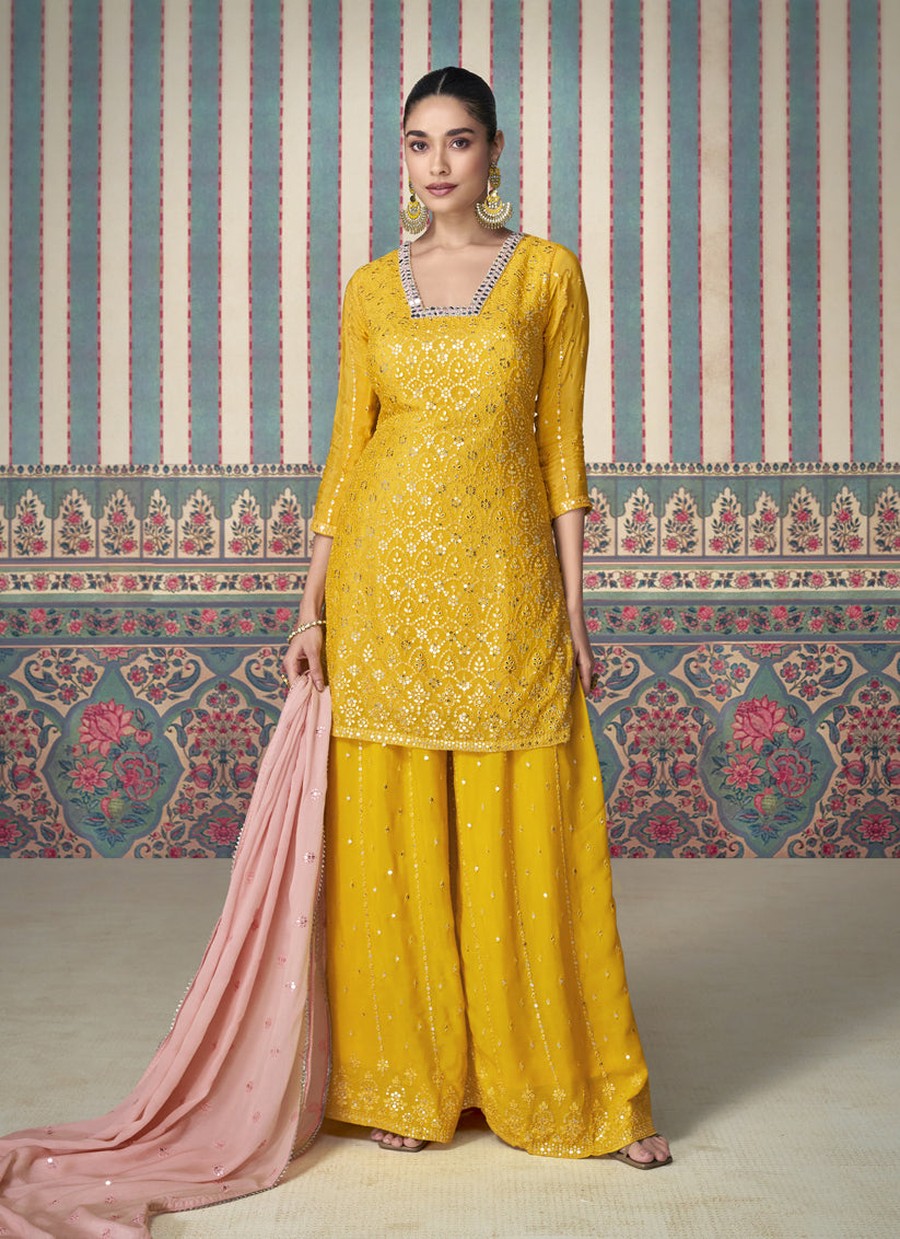 Sunny Yellow Chinnon Silk Embroidered Palazzo Kameez