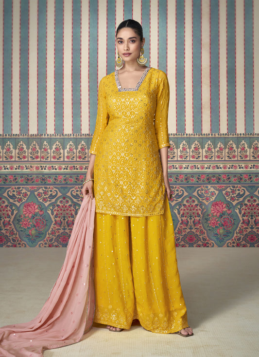 Sunny Yellow Chinnon Silk Embroidered Palazzo Kameez