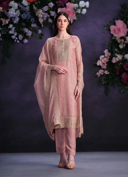 Old Rose Pink Shimmer Organza Embroidered Pant Kameez