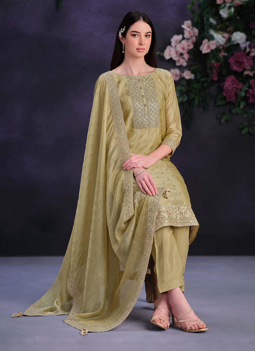 Dusty Lemon Shimmer Organza Embroidered Pant Kameez