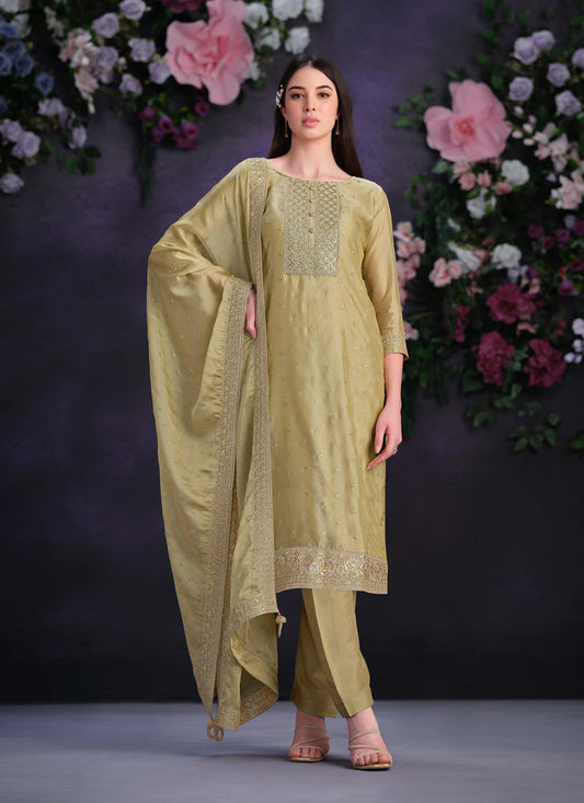 Dusty Lemon Shimmer Organza Embroidered Pant Kameez