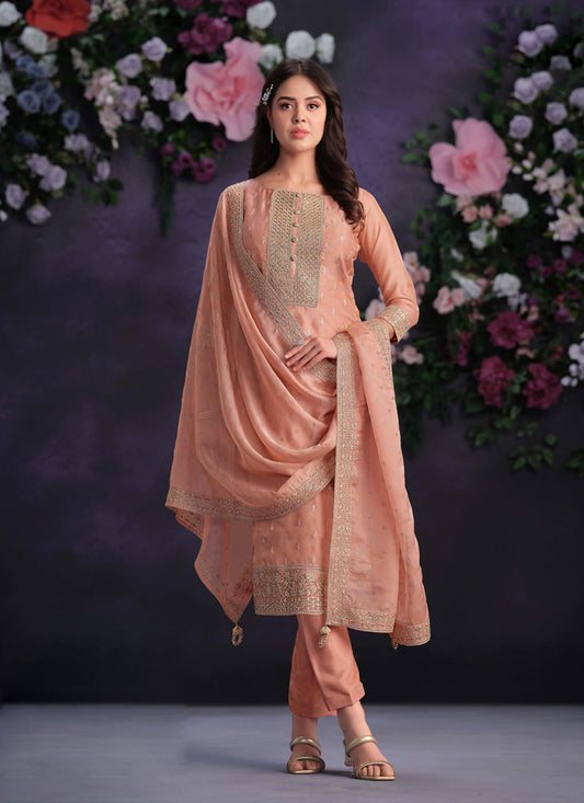 Peach Shimmer Organza Embroidered Pant Kameez