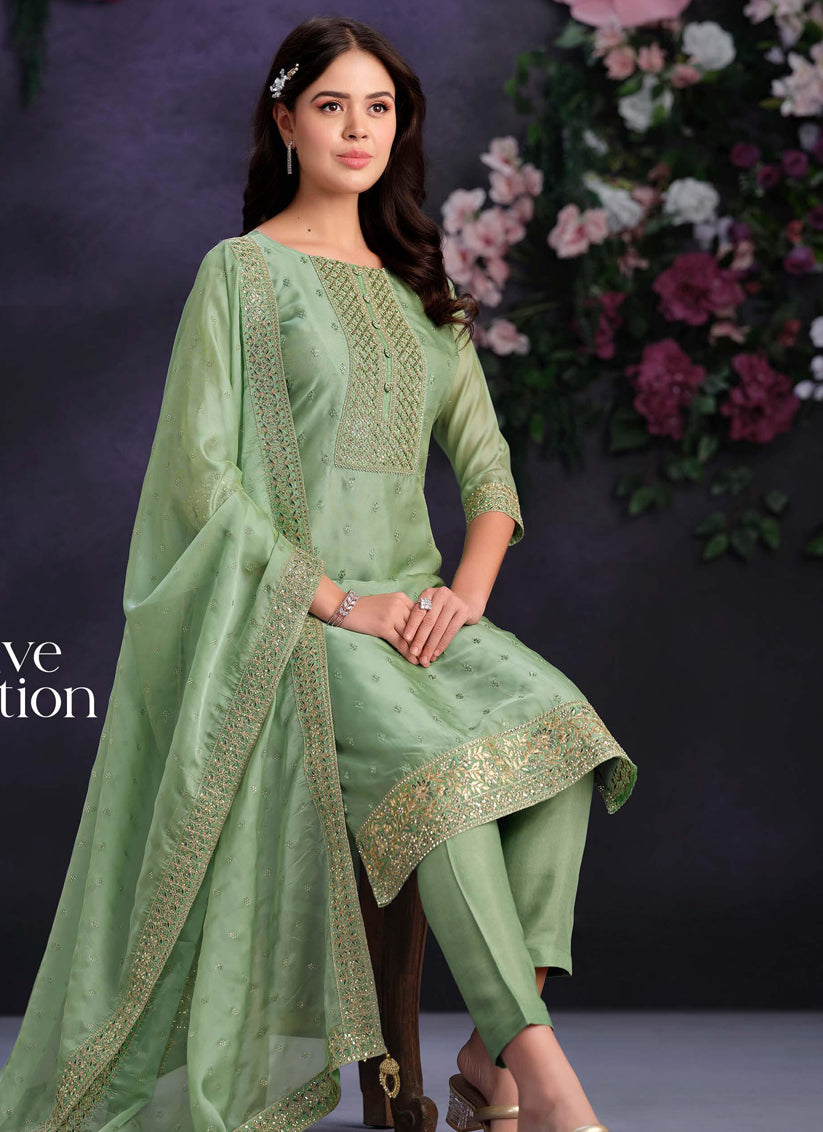 Mint Green Shimmer Organza Embroidered Pant Kameez