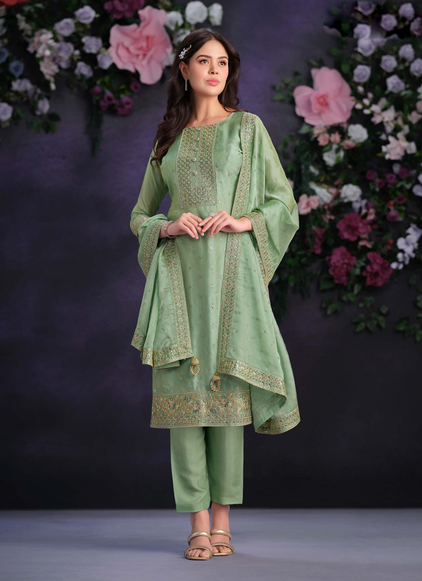 Mint Green Shimmer Organza Embroidered Pant Kameez