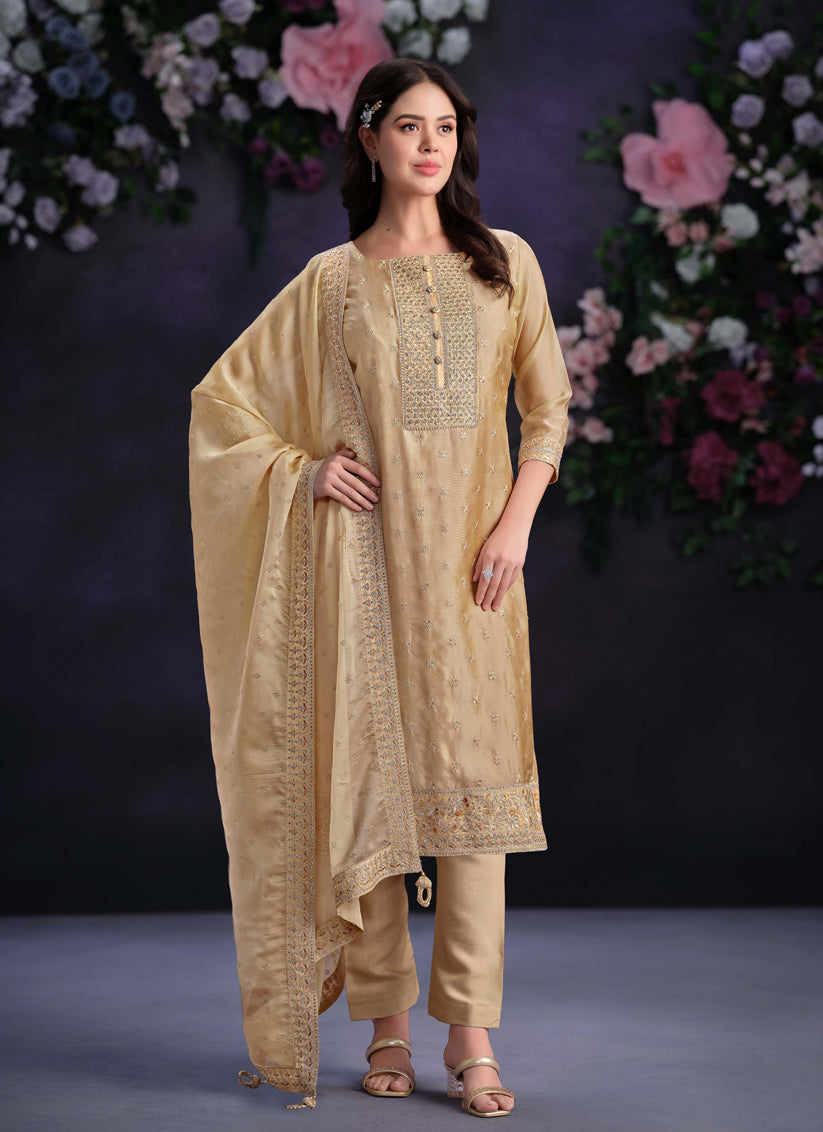 Beige Shimmer Organza Embroidered Pant Kameez