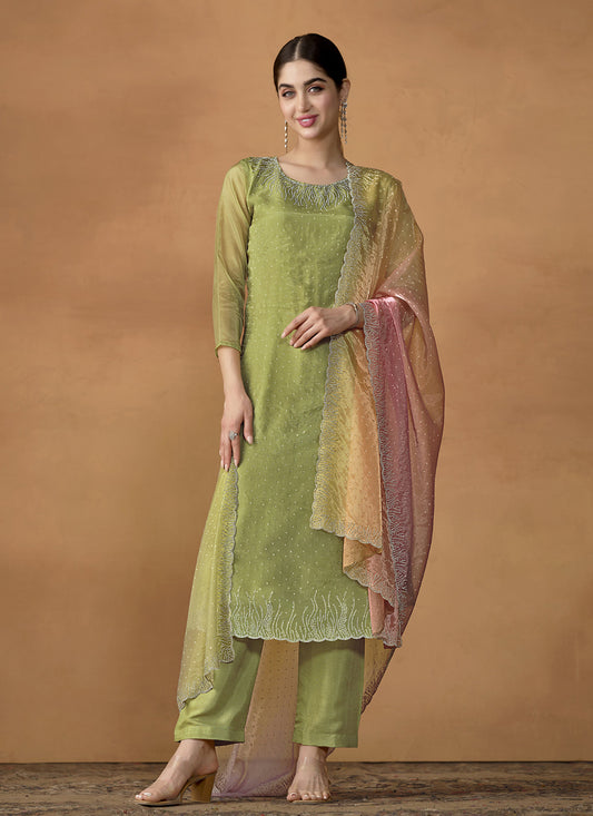 Pear Green Organza Crystals Embellished Pant Kameez