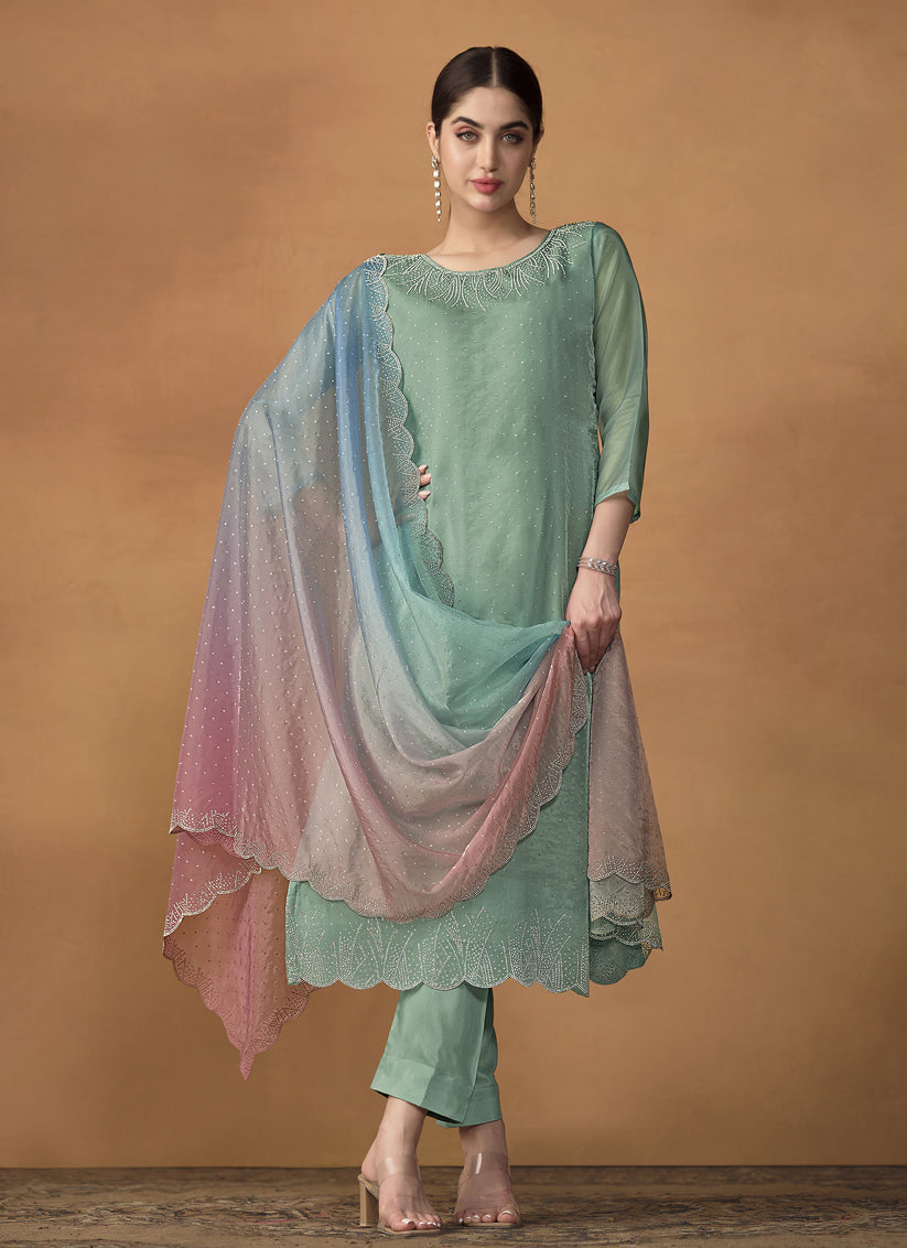 Teal Mint Organza Crystals Embellished Pant Kameez