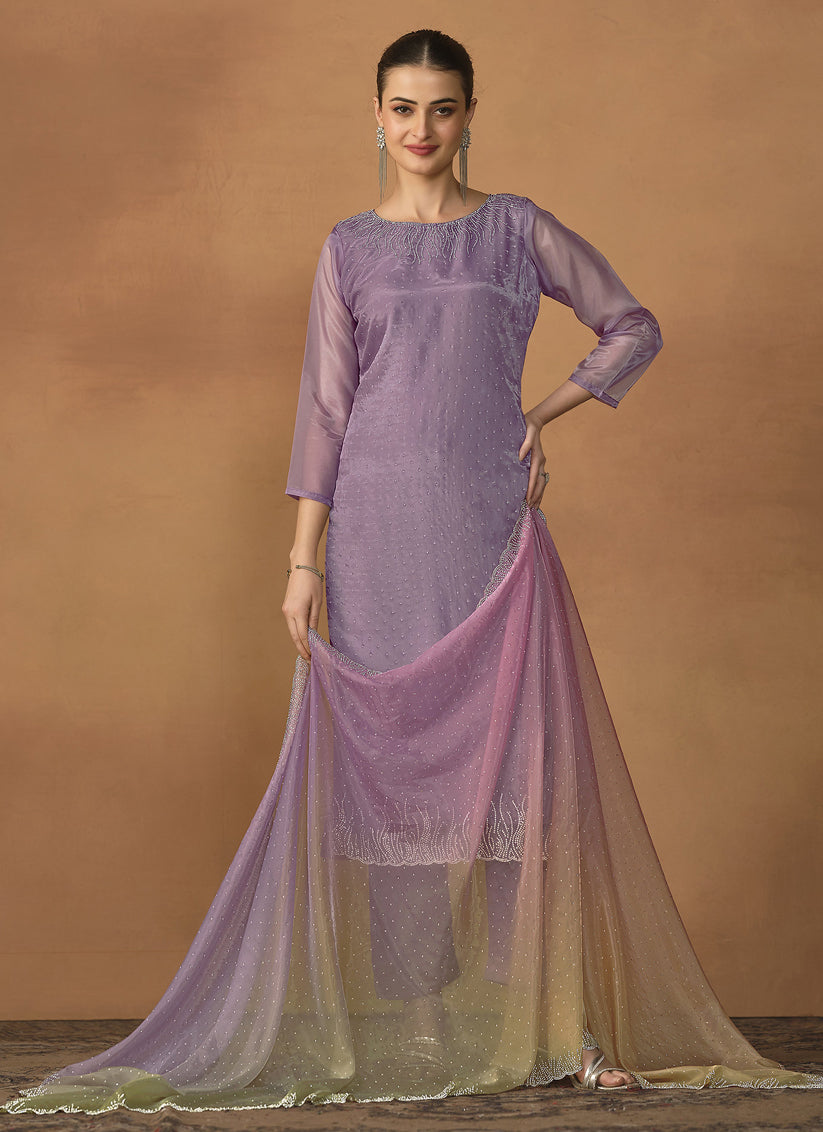 Lilac Purple Organza Crystals Embellished Pant Kameez