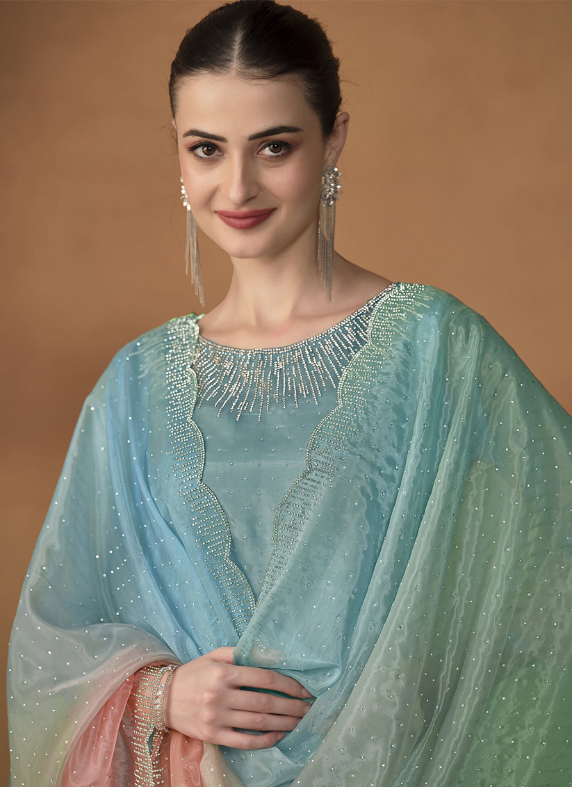 Aqua Sea Organza Crystals Embellished Pant Kameez