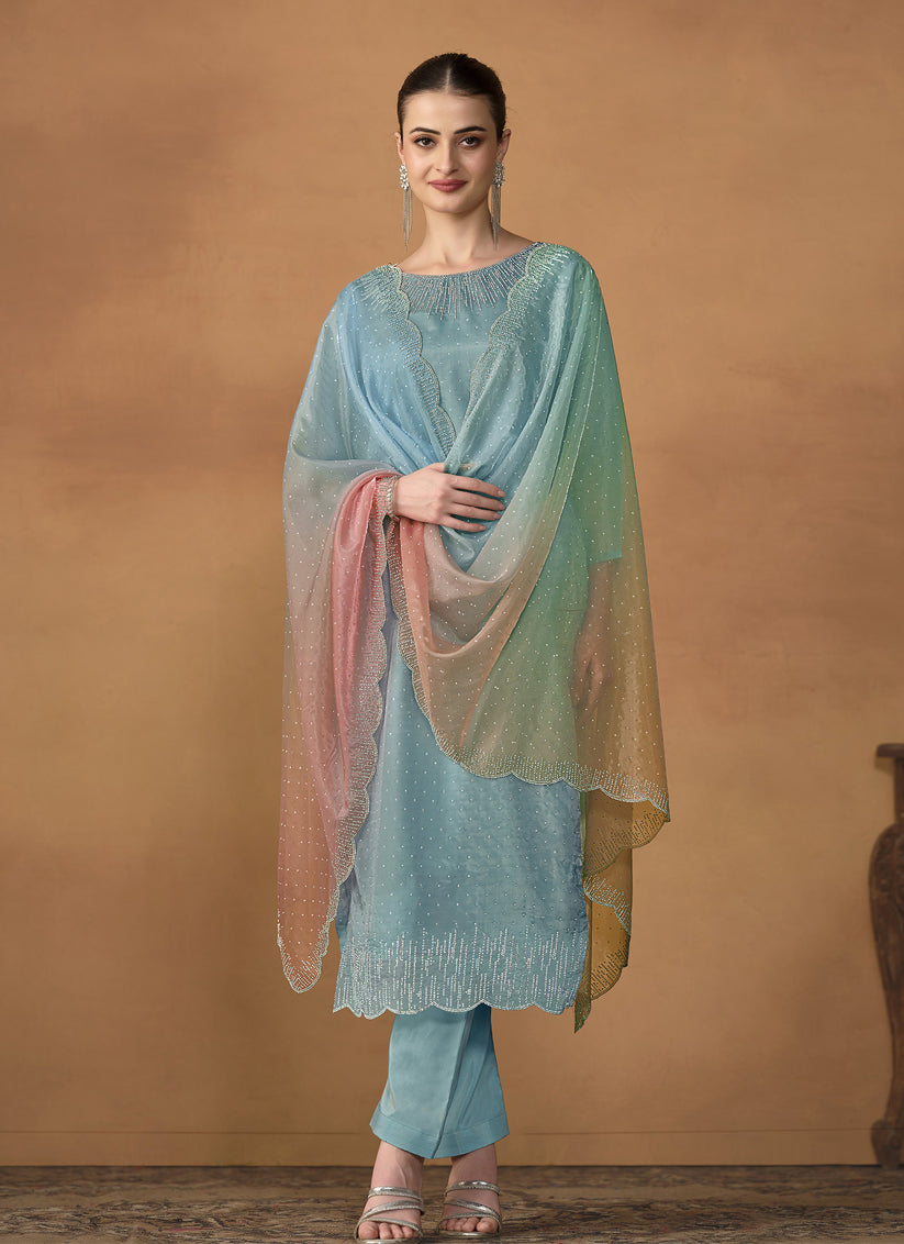 Aqua Sea Organza Crystals Embellished Pant Kameez