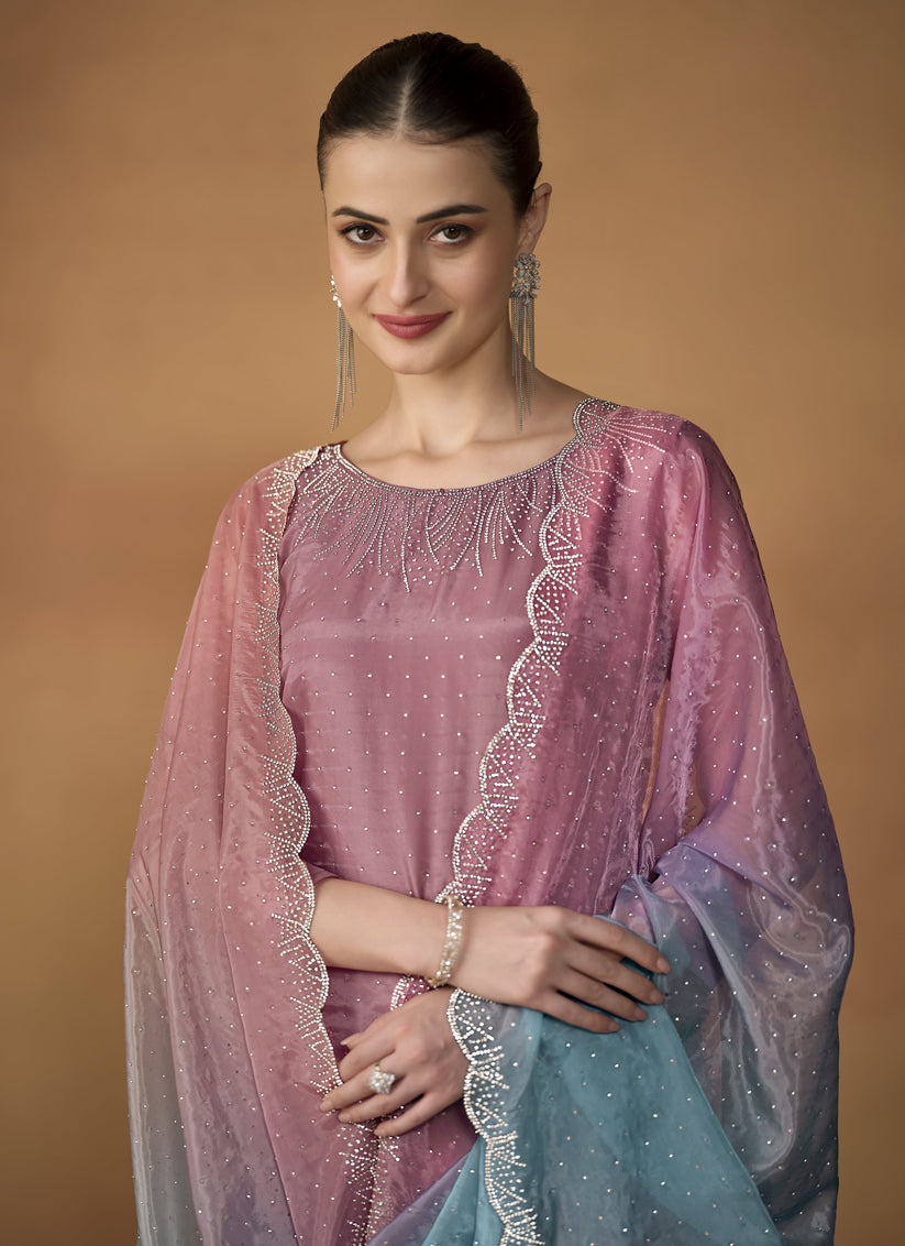 Old Rose Pink Organza Crystals Embellished Pant Kameez