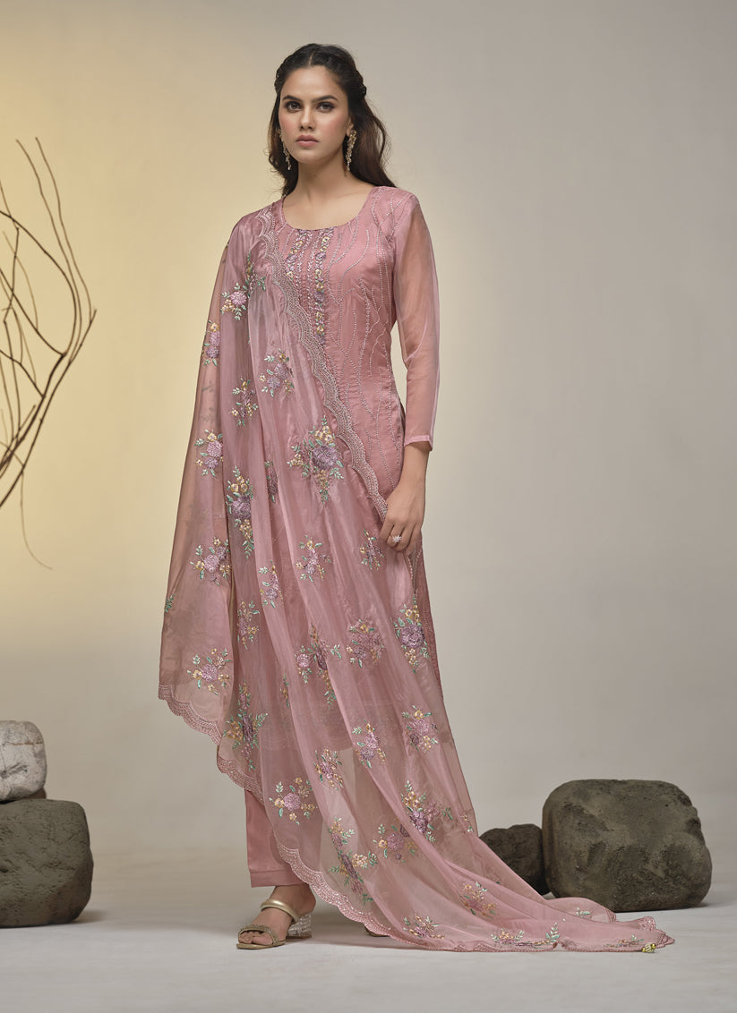 Old Rose Soft Organza Embroidered Pant Kameez