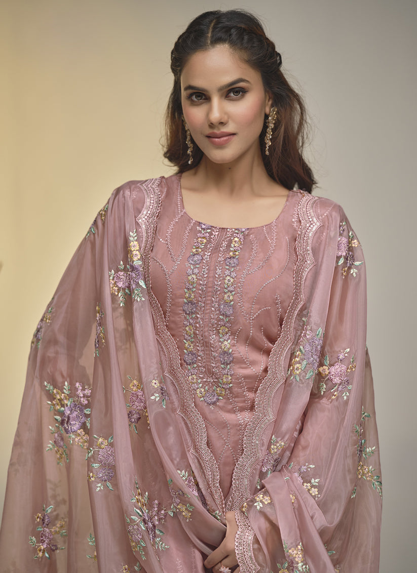 Old Rose Soft Organza Embroidered Pant Kameez