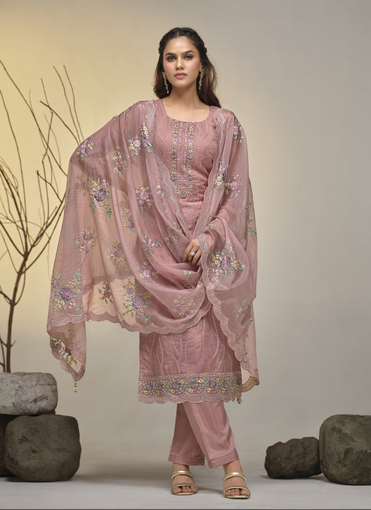 Old Rose Soft Organza Embroidered Pant Kameez