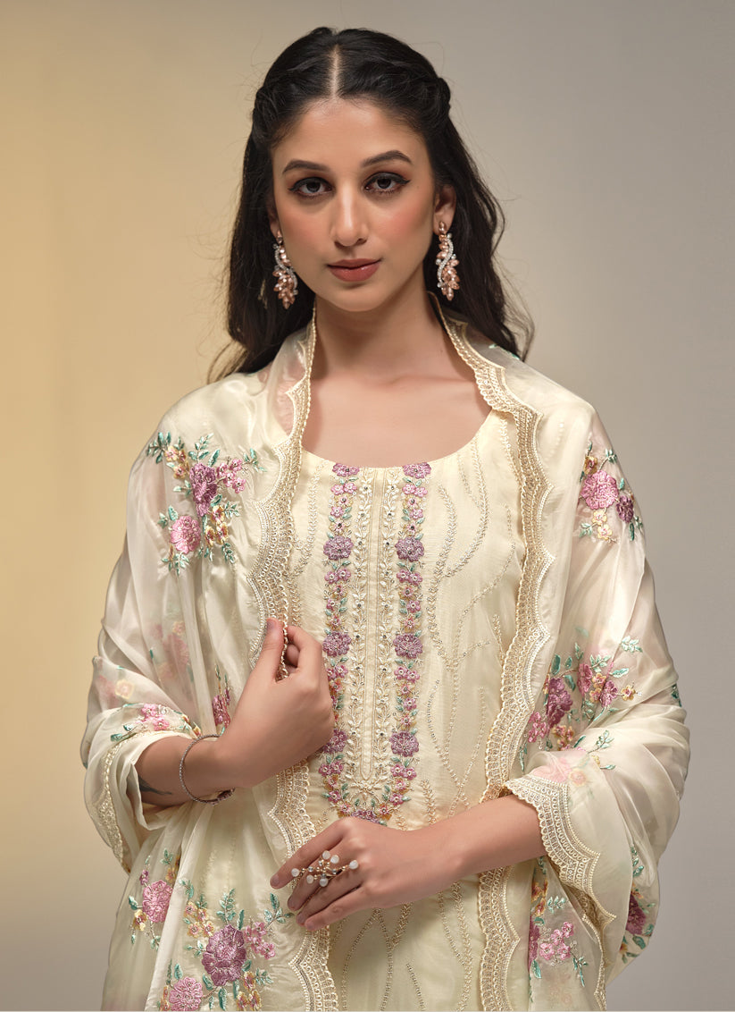 Ivory Soft Organza Embroidered Pant Kameez