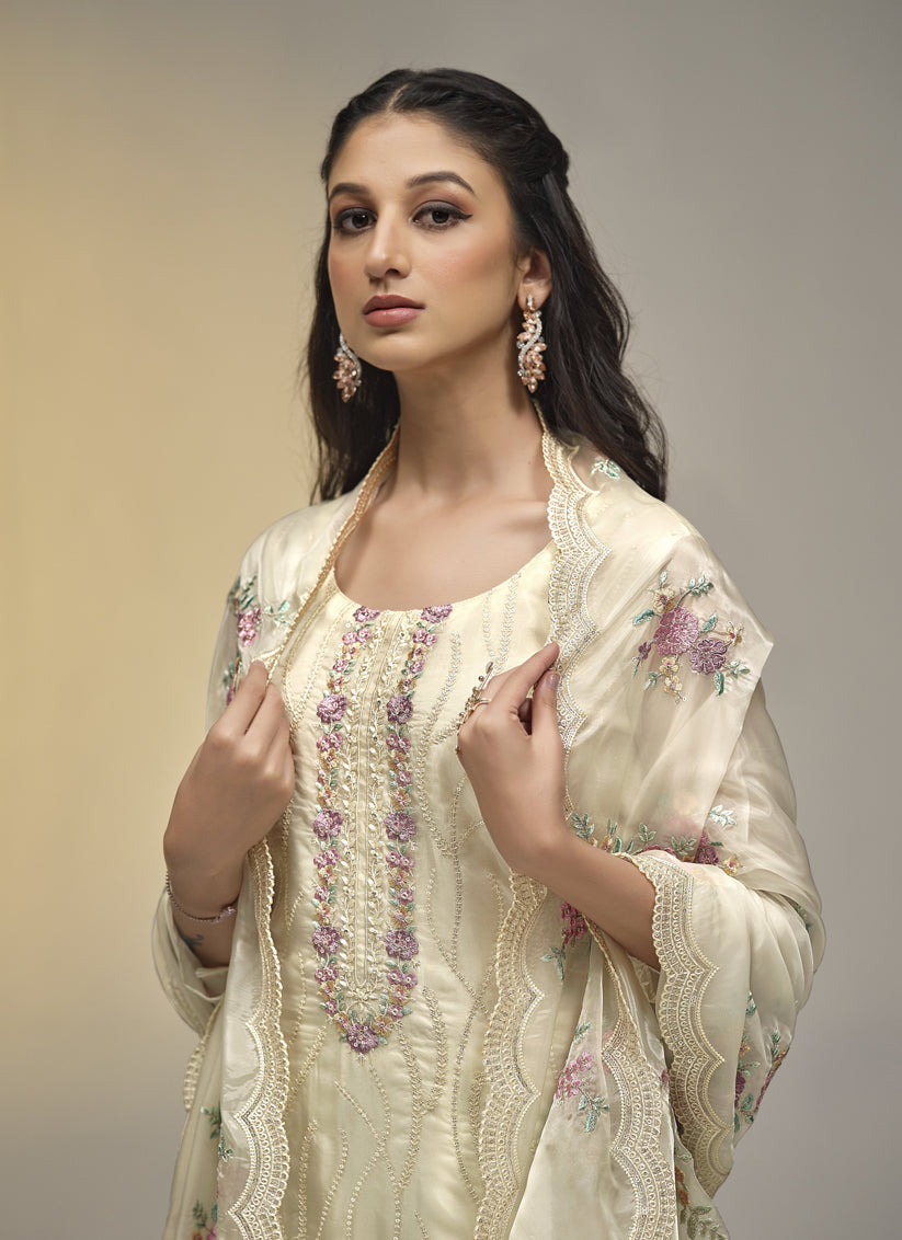 Ivory Soft Organza Embroidered Pant Kameez